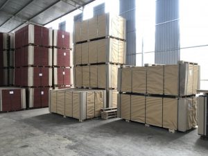 many plywood pallets are stacked up on eachother at Phu Cau factory