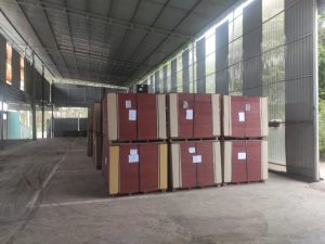 many plywood pallets are stacked up on eachother at Phu Cau factory