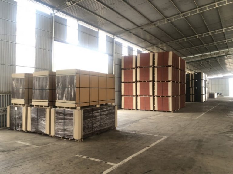 many plywood pallets are stacked up on eachother at Phu Cau factory